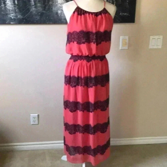 En Focus Pretty Orange and Blue Lace Horizontal Floral Maxi Dress-10P - Picture 1 of 6